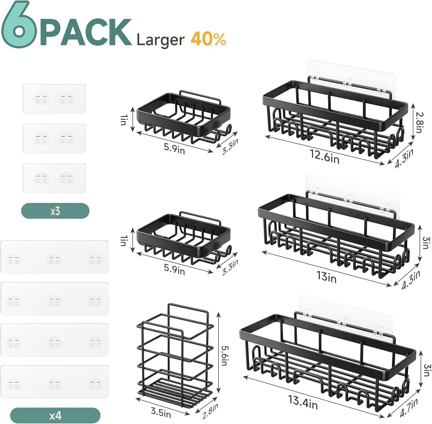 Stainless Steel Shower Caddy 6-Pack – No-Drill Wall-Mounted Bathroom Organizer with Soap Holder & Waterproof Adhesive Shelves