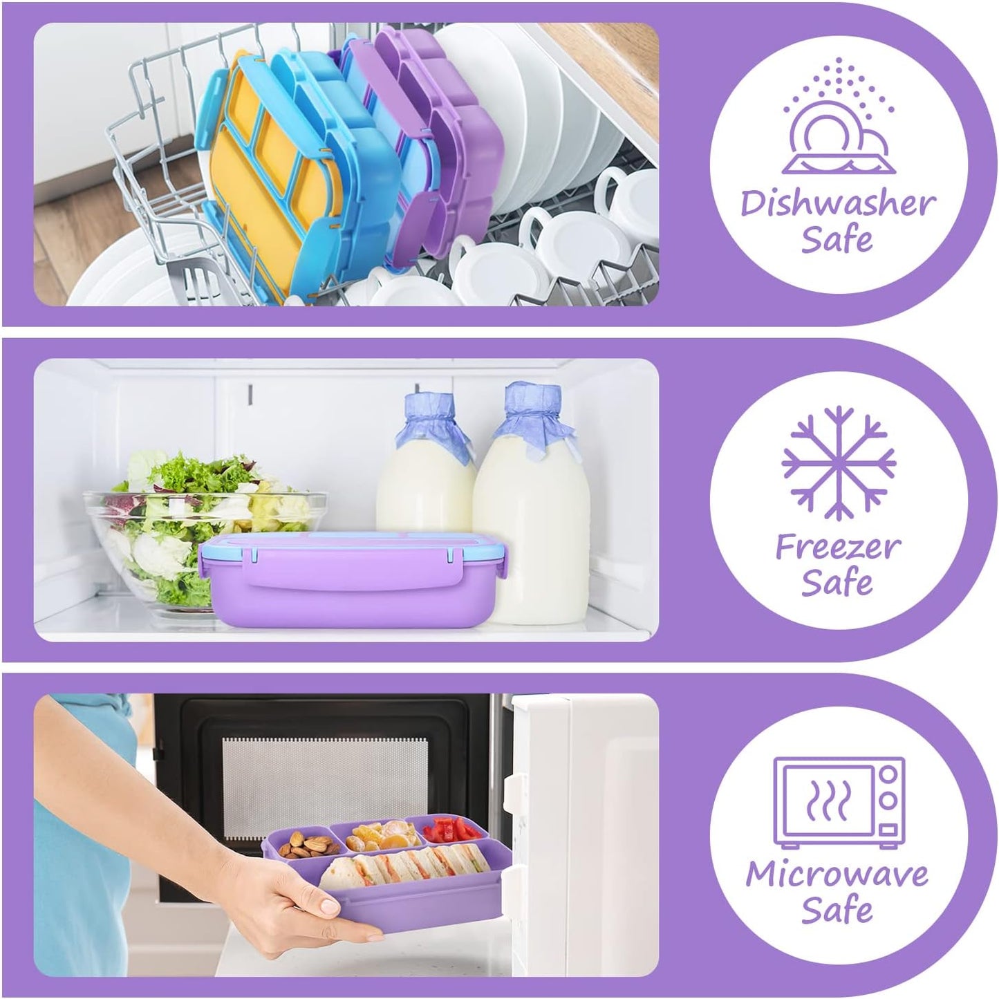 Bento Lunch Box for Kids Girls Boys, Toddler Kids Lunch Boxes for School, Lunch Containers for Adults with 4 Compartments, Sauce Container, Utensils, Food Picks and Muffin Cups, Purple
