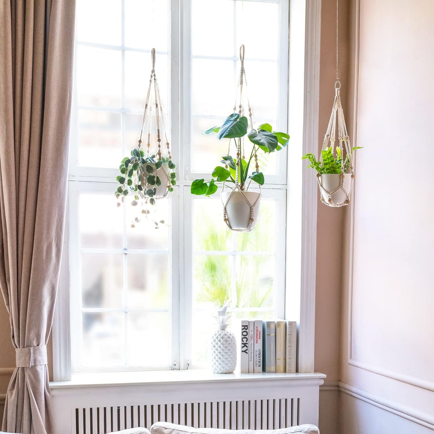 3-Pack Macrame Plant Hangers – Ivory Indoor Hanging Planters with Beads, 3 Sizes (35", 29", 23") – No Tassels