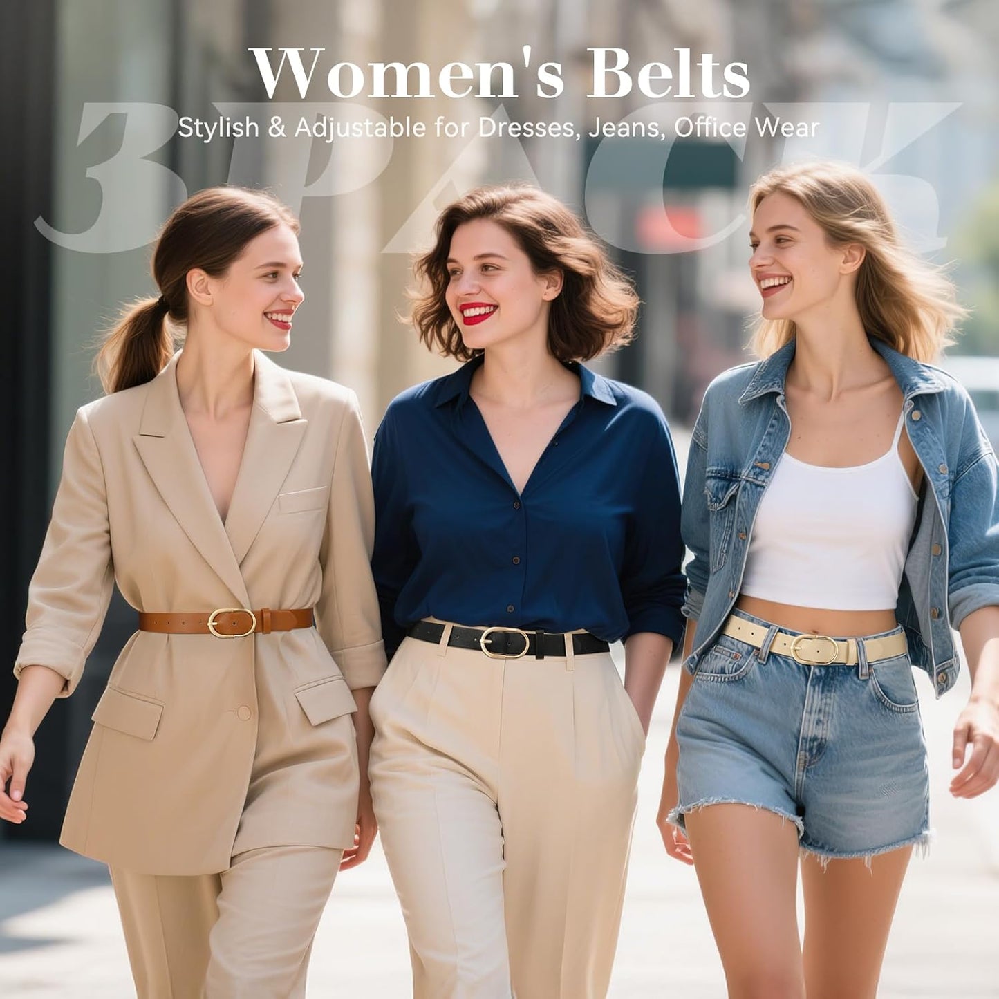 3-Pack Women's Belts – Fashion Dress Belts with Gold Buckle for Jeans & Pants