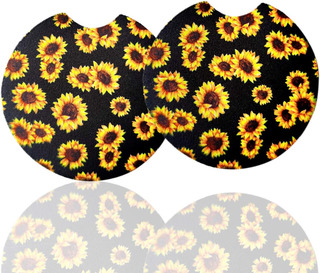2 Pack Car Coasters for Drinks Absorbent - 2.75 Inch Cute Car Cup Holder Coasters for Women, Removable Cup Holder Coaster for Your Car, Car Interior Accessories for Women & Girls (Sunflower)