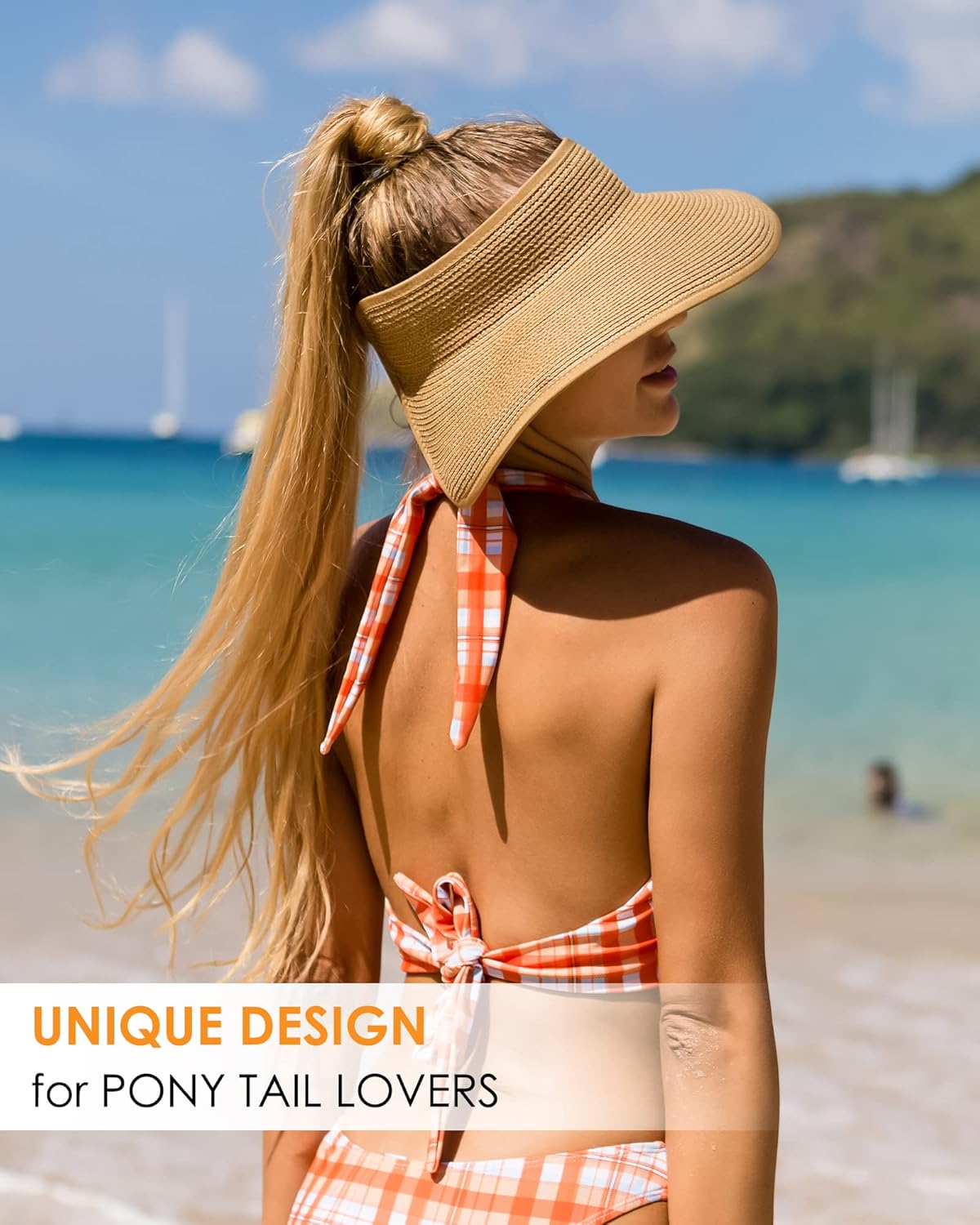 Women’s Wide Brim Straw Sun Hat – UV Protective, Foldable Beach Visor with Ponytail Slot