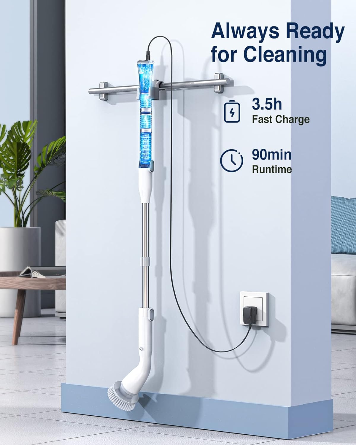 Electric Spin Scrubber LA1 Pro – Cordless Cleaning Brush with 4 Heads & Adjustable Extension Handle – White