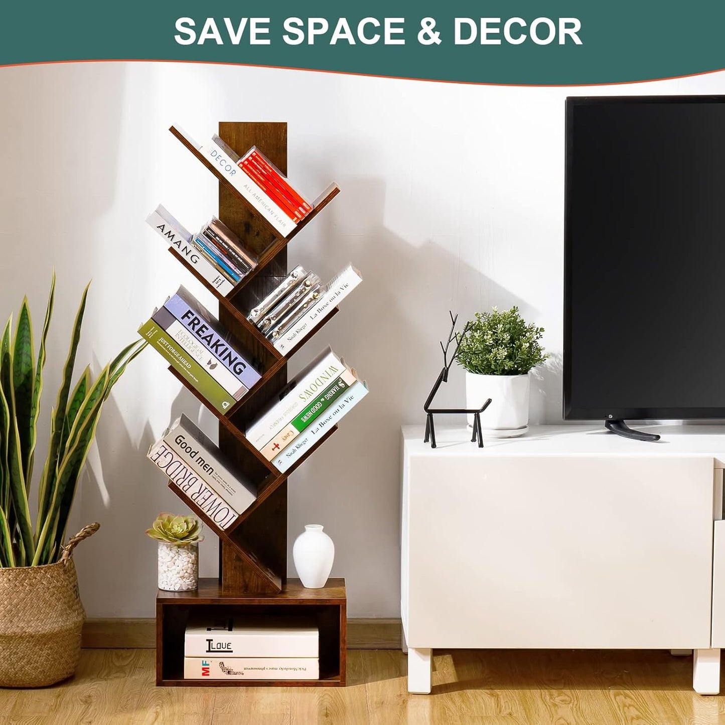 6-Shelf Tree Bookshelf – Tall Rustic Brown Wood Bookcase for Living Room, Bedroom & Office