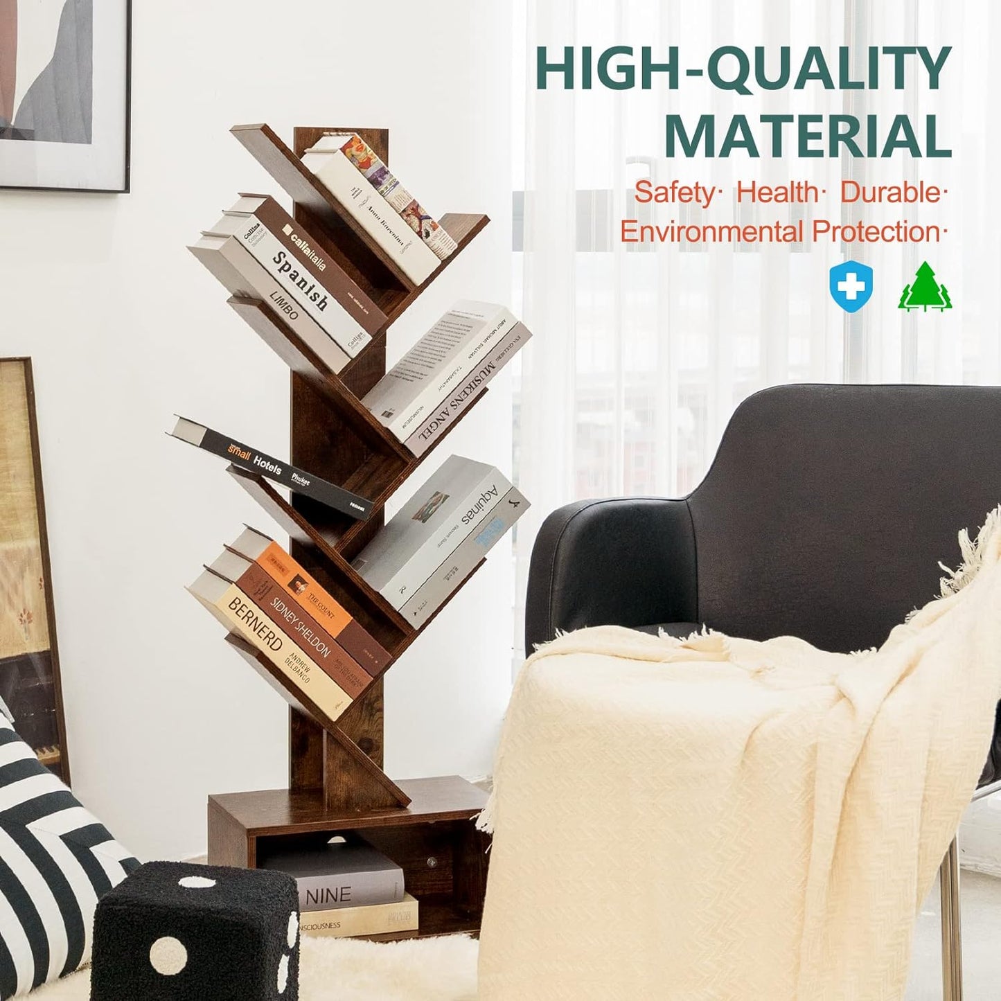 6-Shelf Tree Bookshelf – Tall Rustic Brown Wood Bookcase for Living Room, Bedroom & Office