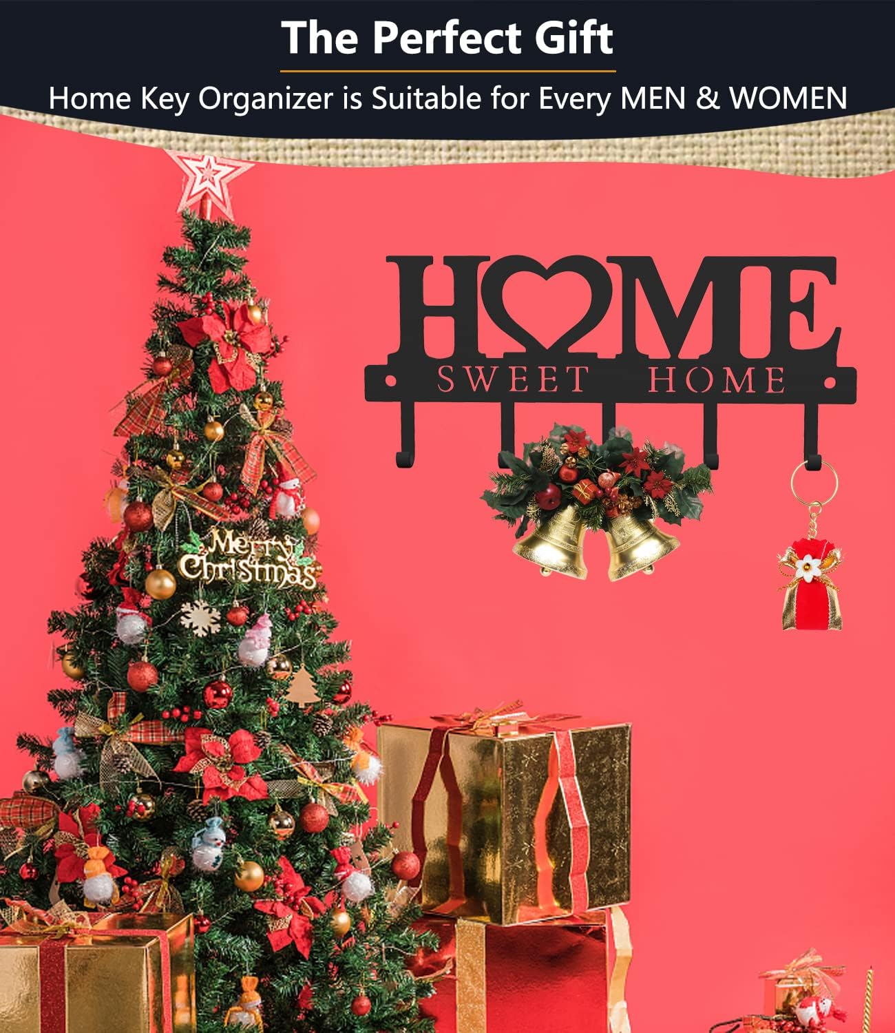 Home Sweet Home Wall Key Holder – 9.8” Metal Organizer Rack with Hooks for Entryway, Kitchen, Garage, Office