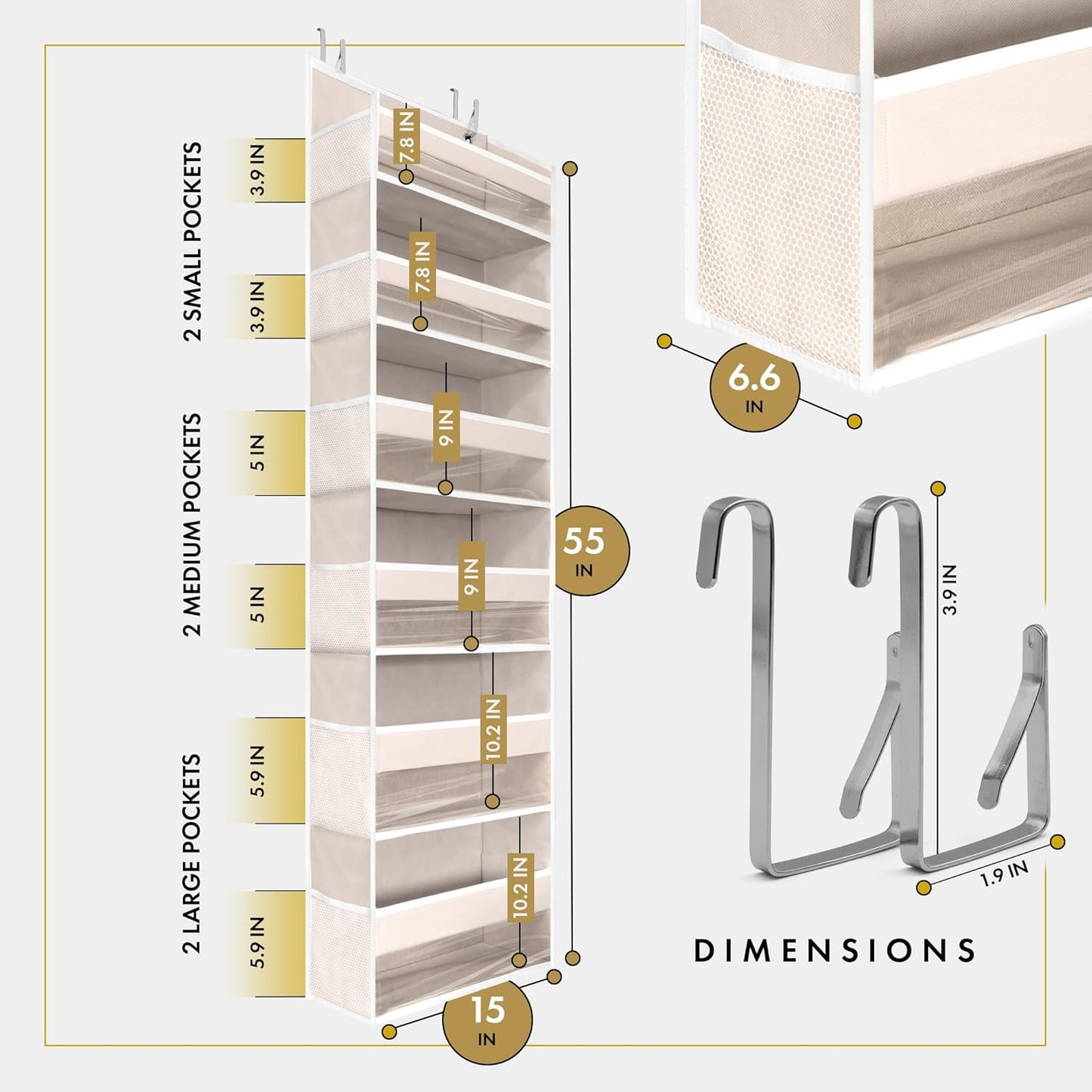 Over-the-Door Hanging Organizer – 6 Large + 12 Side Pocket Storage in Ivory (55” x 14”)