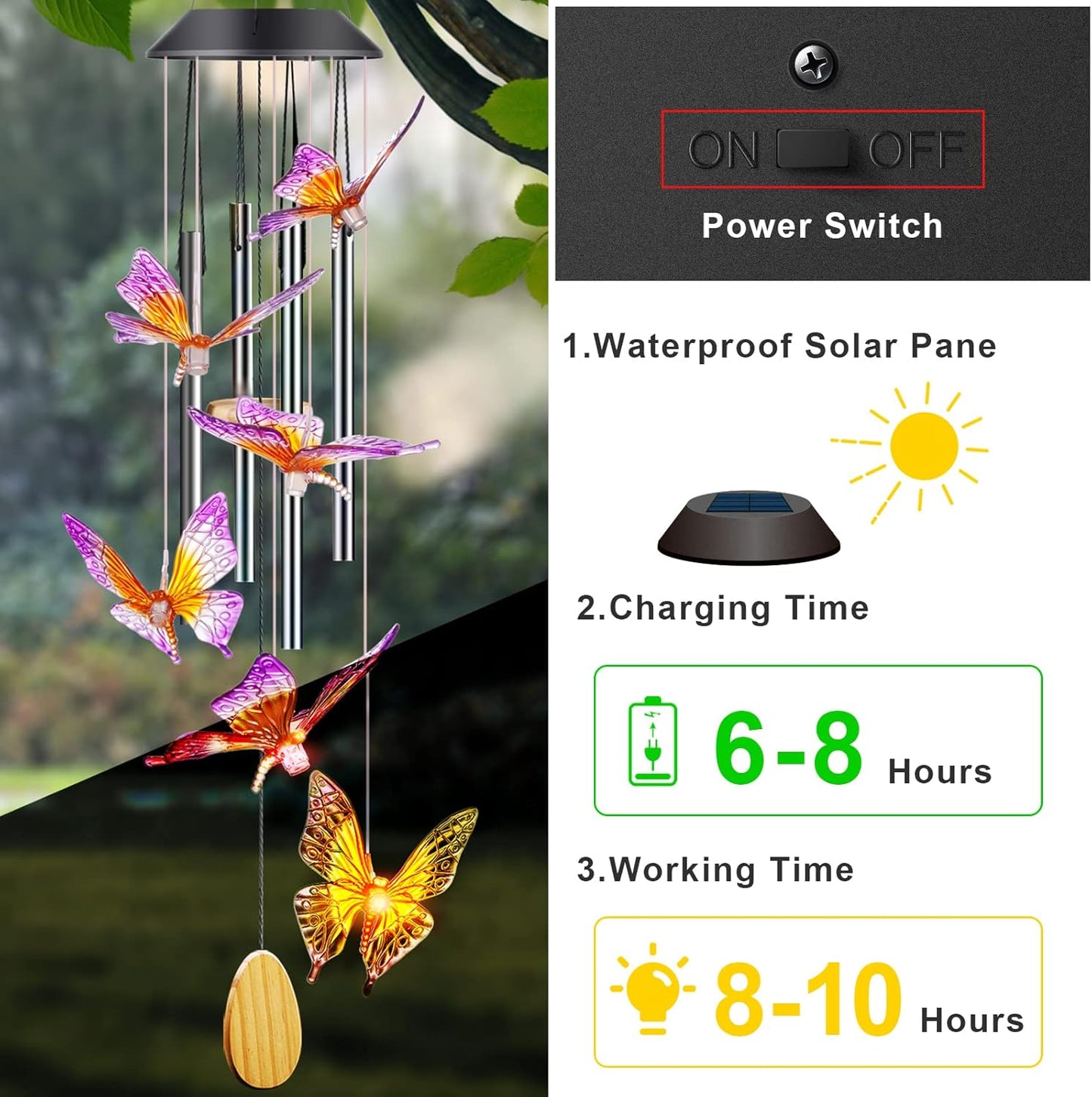 Butterfly Solar Wind Chimes with Aluminum Tubes – Outdoor Color-Changing LED Lights for Garden, Patio, Porch – Thanksgiving Gift