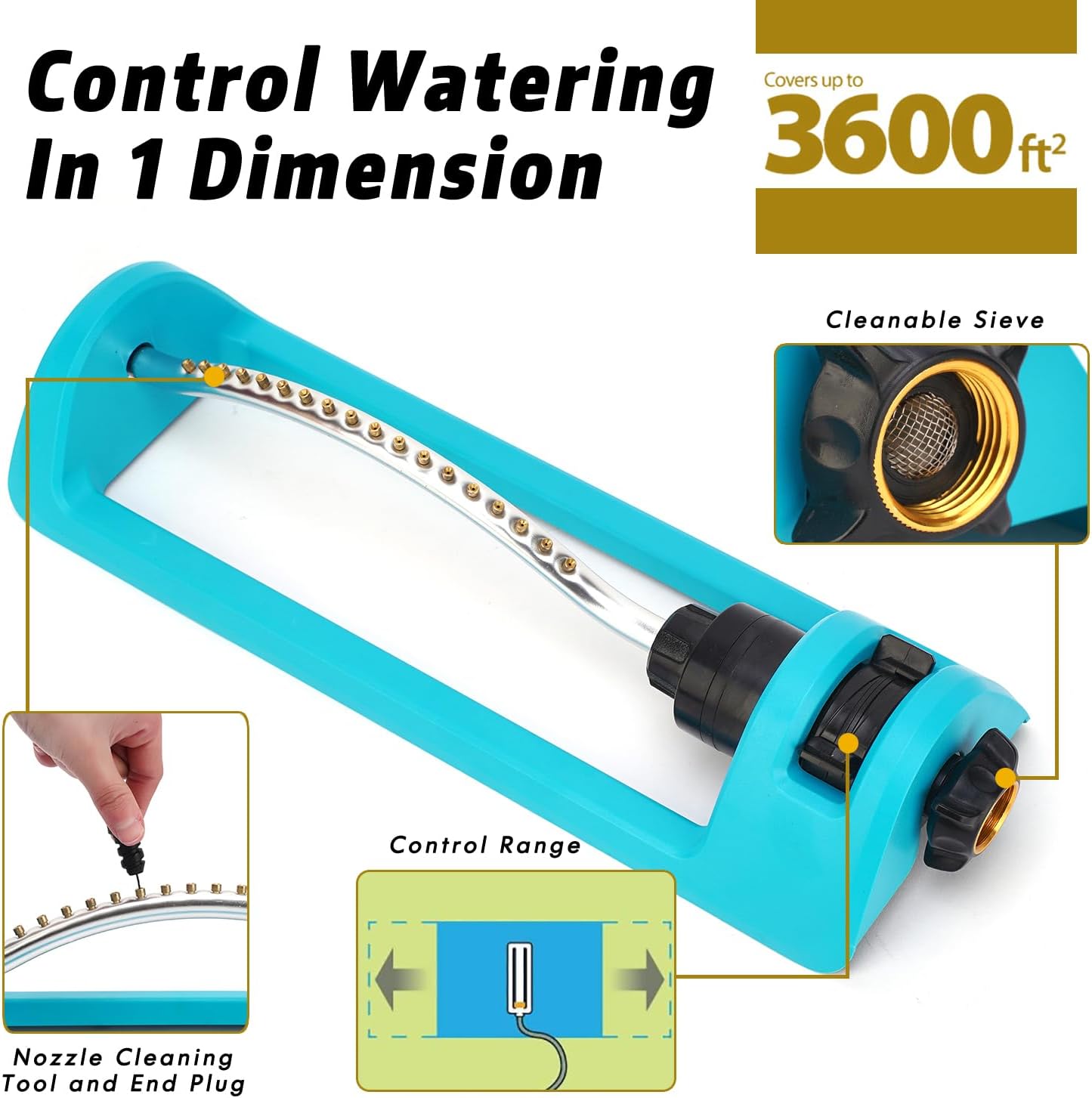 Oscillating Lawn Sprinkler with 18 Brass Nozzles – Covers Up to 3,600 sq.ft (Blue)