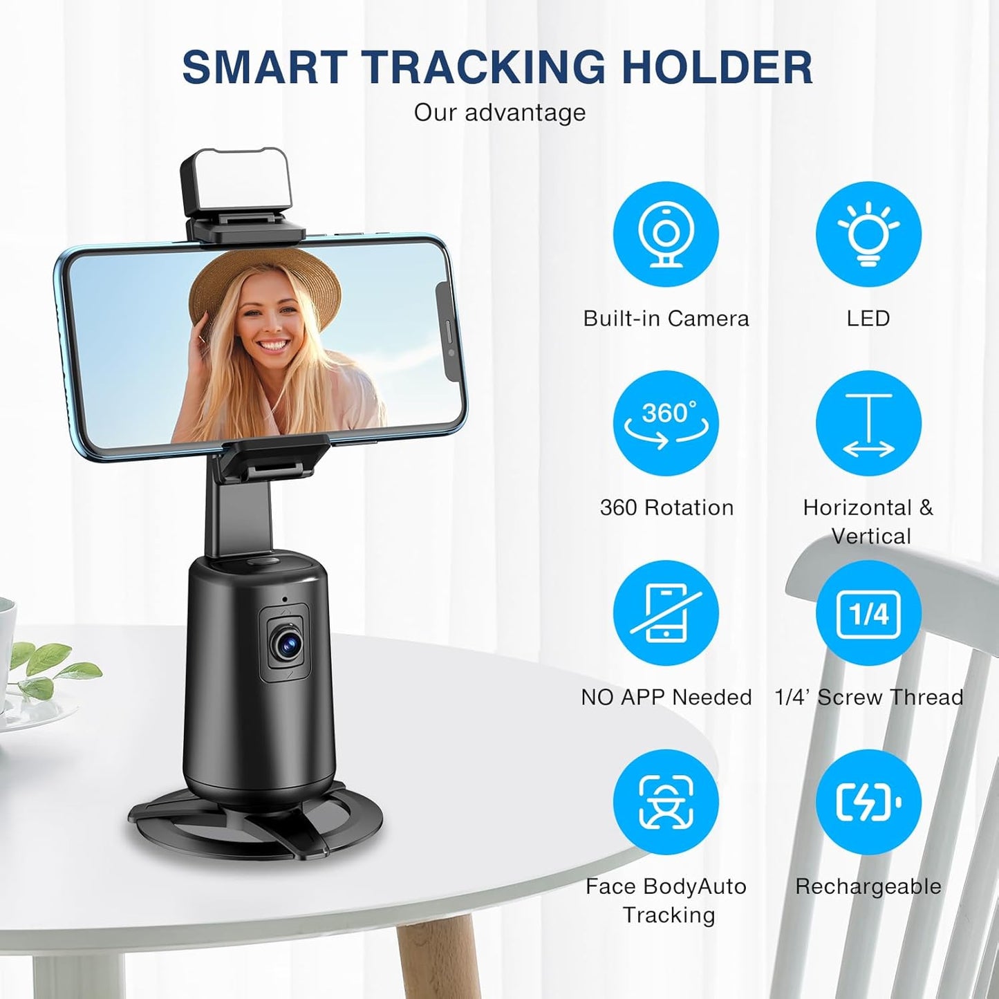 360° Auto Face Tracking Tripod – Smart Phone Stand with Gesture Control & Remote (Black)