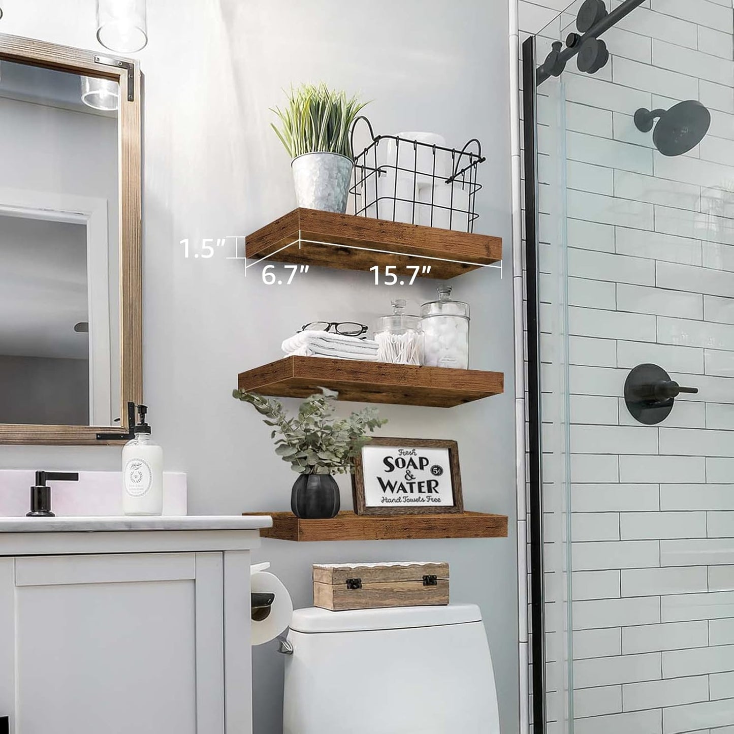 Set of 3 Floating Wall Shelves – 16" Rustic Brown Wood Hanging Shelves for Bathroom, Bedroom, Kitchen & Living Room – Farmhouse Wall Decor (015-BN3)