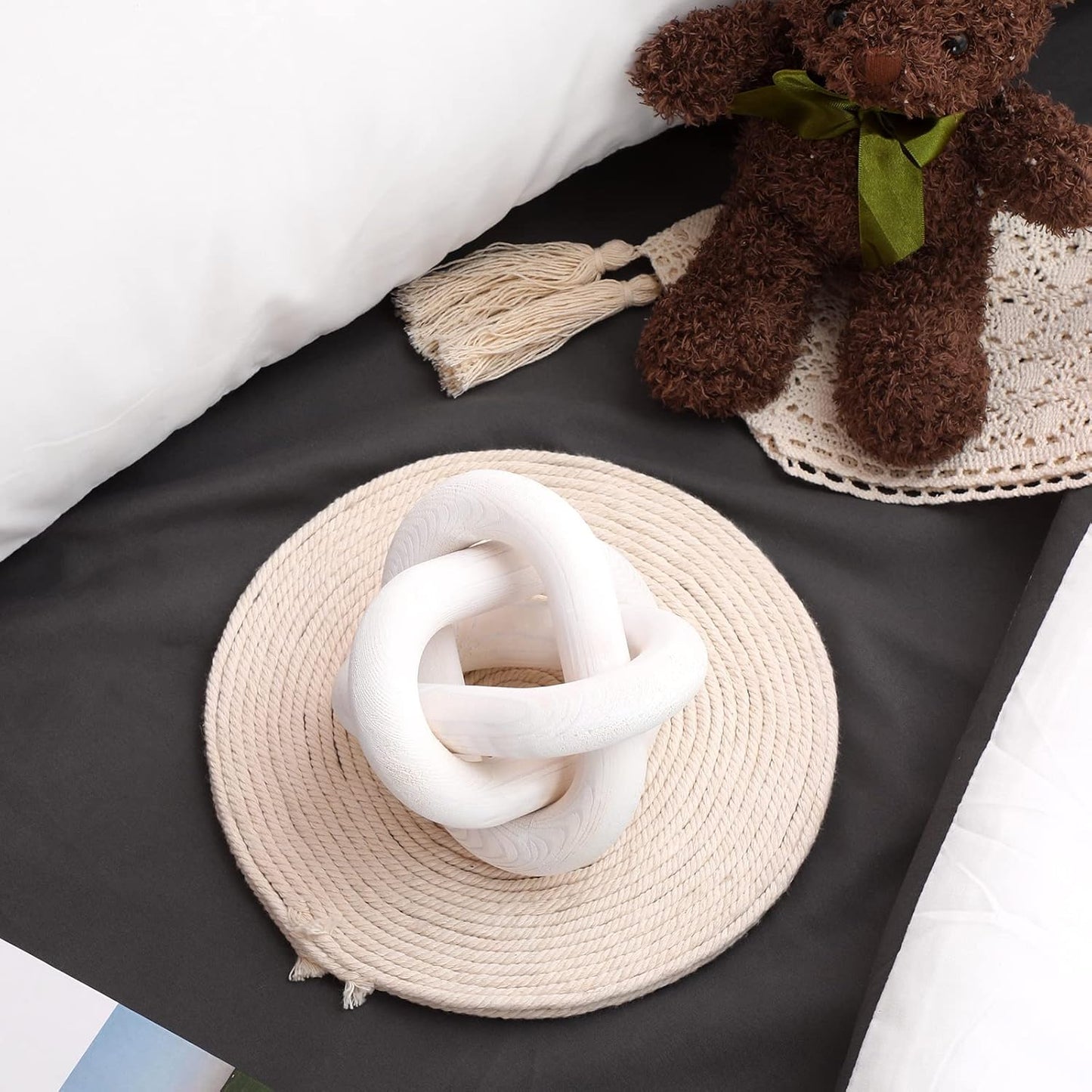 Hand-Carved White Wood Knot – 3-Link Boho Chain Decor for Coffee Table & Shelves