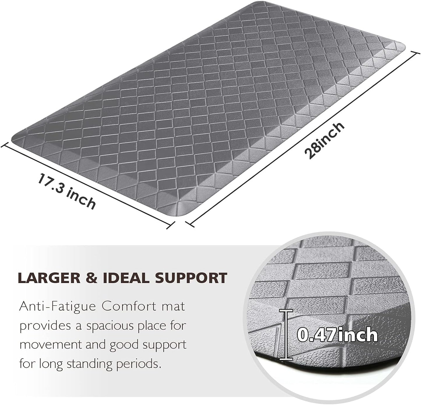 HappyTrends Grey Anti-Fatigue Kitchen Mat – Cushioned Ergonomic Floor Rug 17.3"x28", Waterproof & Non-Slip