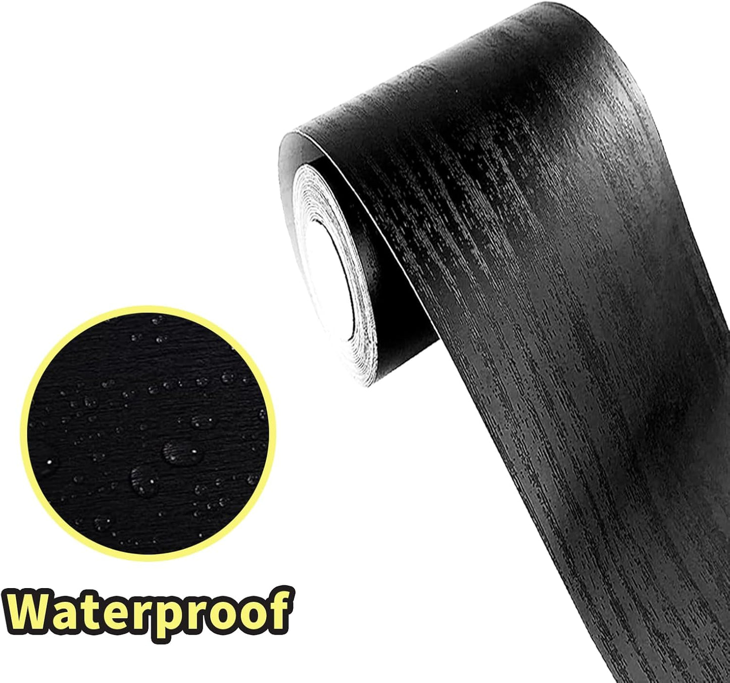 10M Black Wood Grain Waterproof Peel & Stick Border – 4" x 390" Removable PVC Wallpaper for Kitchen & Bathroom Walls
