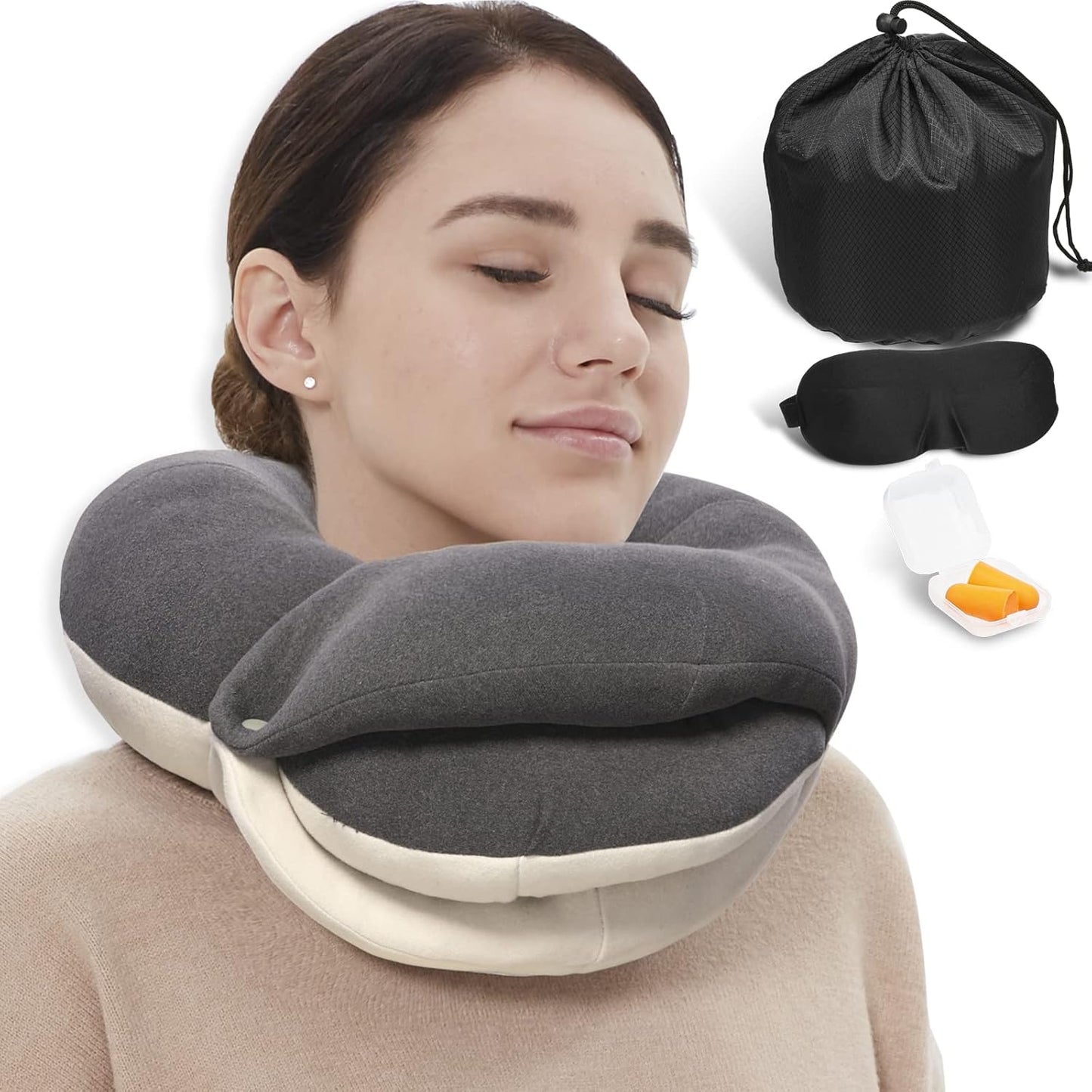 360° Travel Neck Pillow Kit – Breathable Head Support with Eye Mask, Earplugs & Storage Bag (Black)