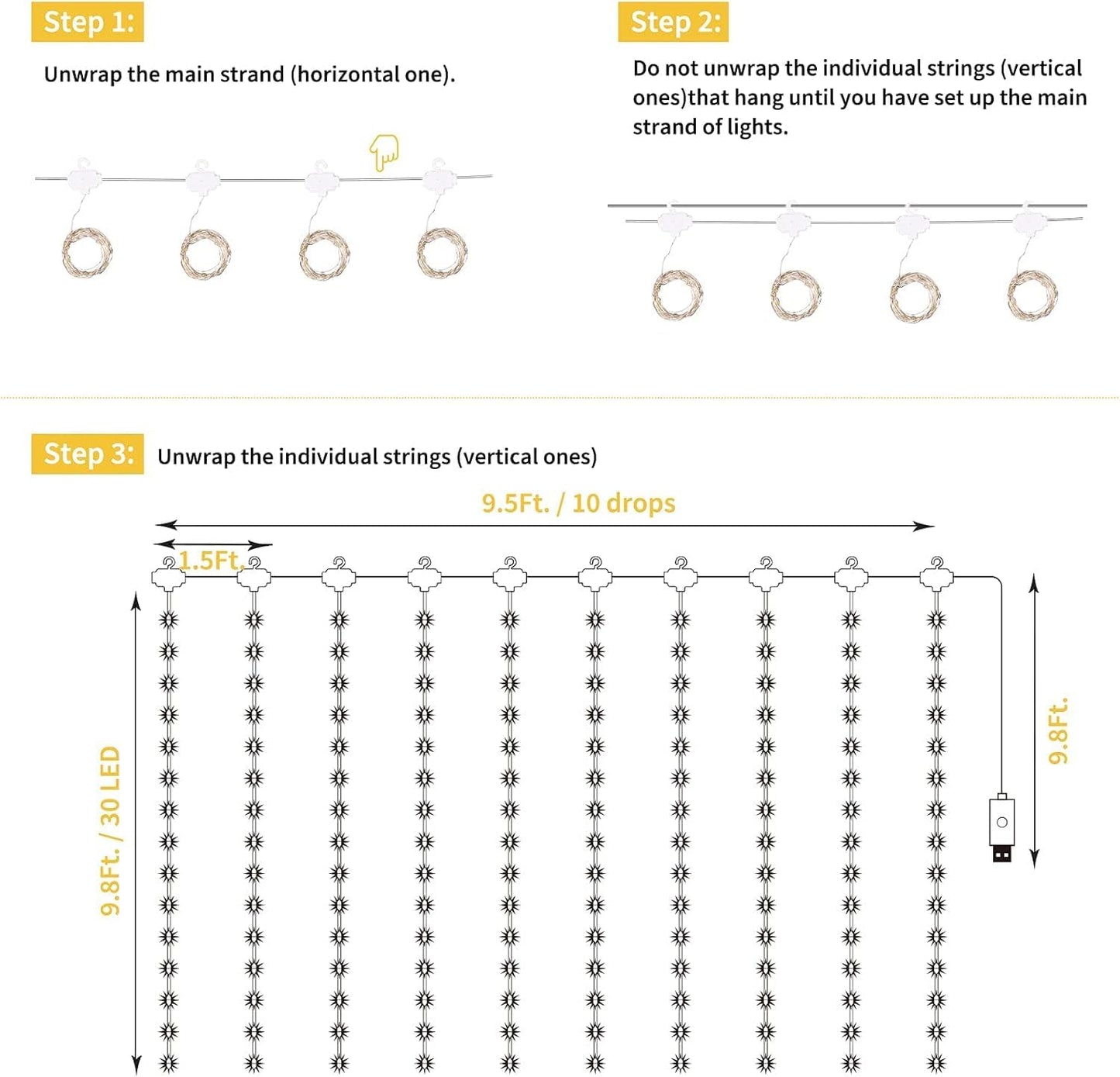 300 LED Curtain Fairy Lights – USB Powered Dimmable String Lights with Remote & Timer, 8 Modes, Warm White for Wall, Party & Holiday Décor
