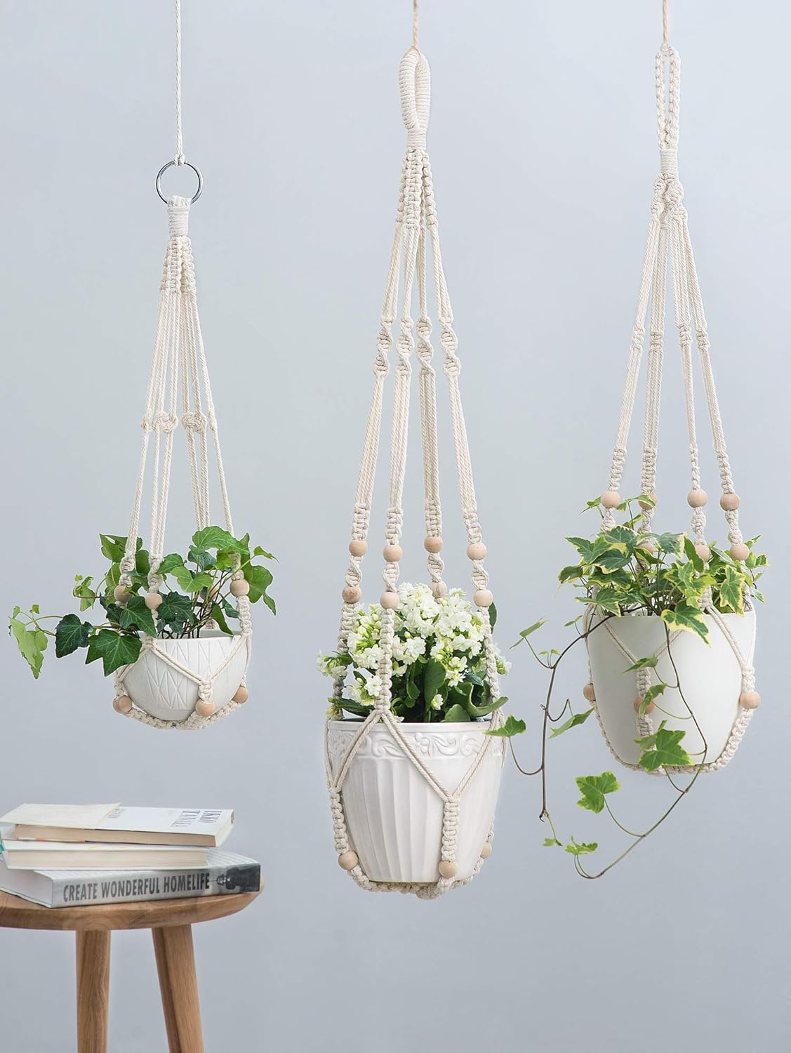 3-Pack Macrame Plant Hangers – Ivory Indoor Hanging Planters with Beads, 3 Sizes (35", 29", 23") – No Tassels