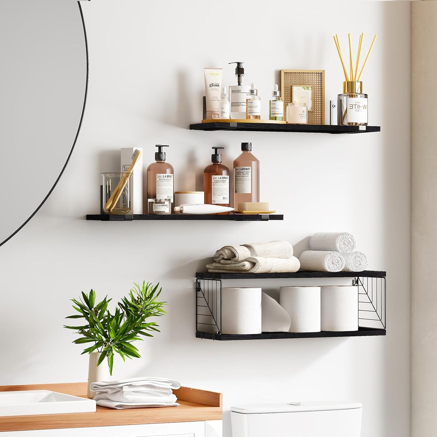 3+1 Tier Bathroom Floating Shelves over Toilet, 15.8In Farmhouse Rustic Wood Shelves, Wall Decor for Bathroom, Living Room,Bedroom and Kitchen (Black)