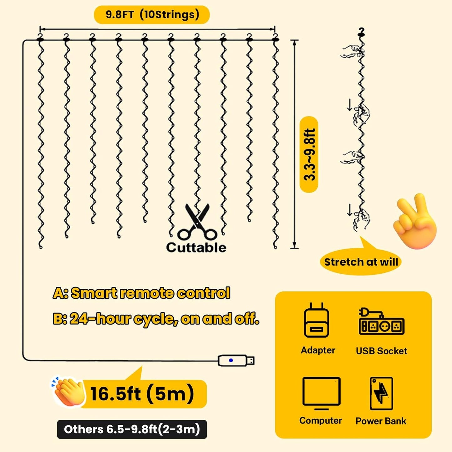 300 LED Warm White Fairy Curtain Lights – 9.8x9.8 Ft USB Hanging String Lights with Remote & 8 Modes for Bedroom, Weddings & Parties