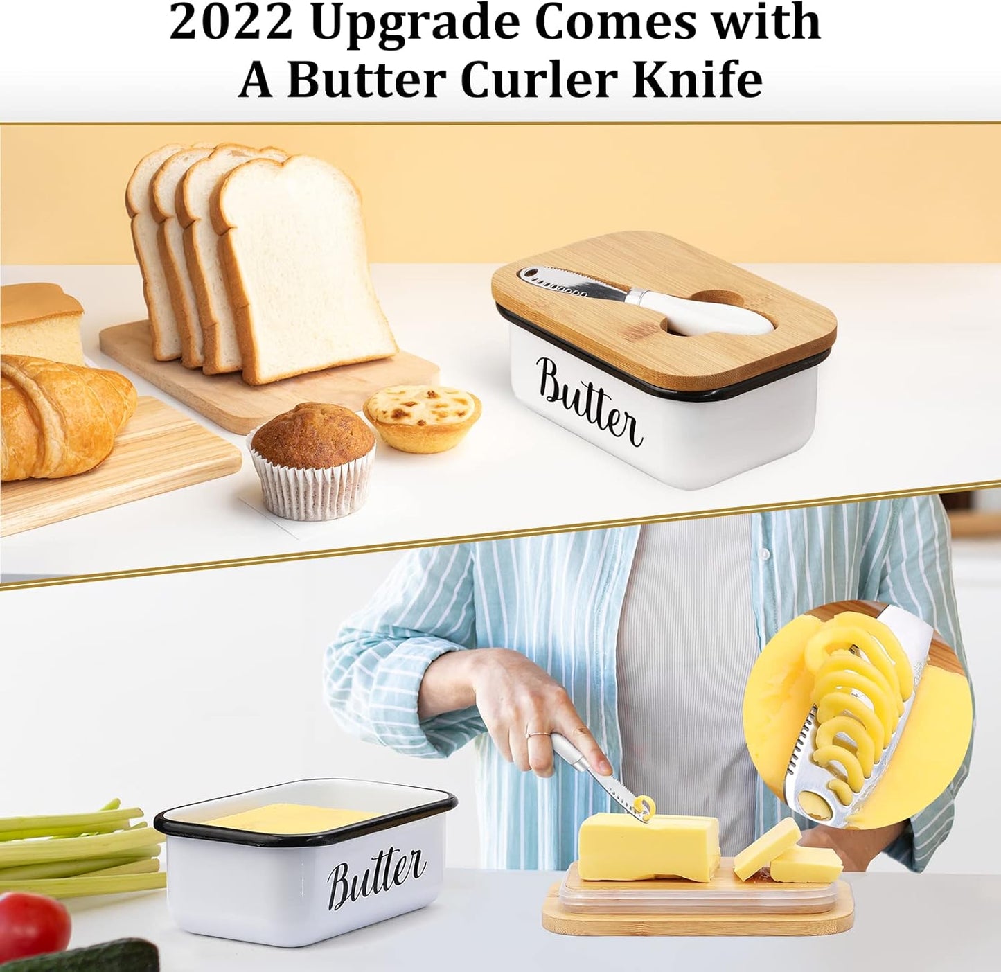Butter Dish with Lid & Curler Knife – Stainless Steel Butter Keeper with Double Silicone Seal for Farmhouse Kitchen Decor