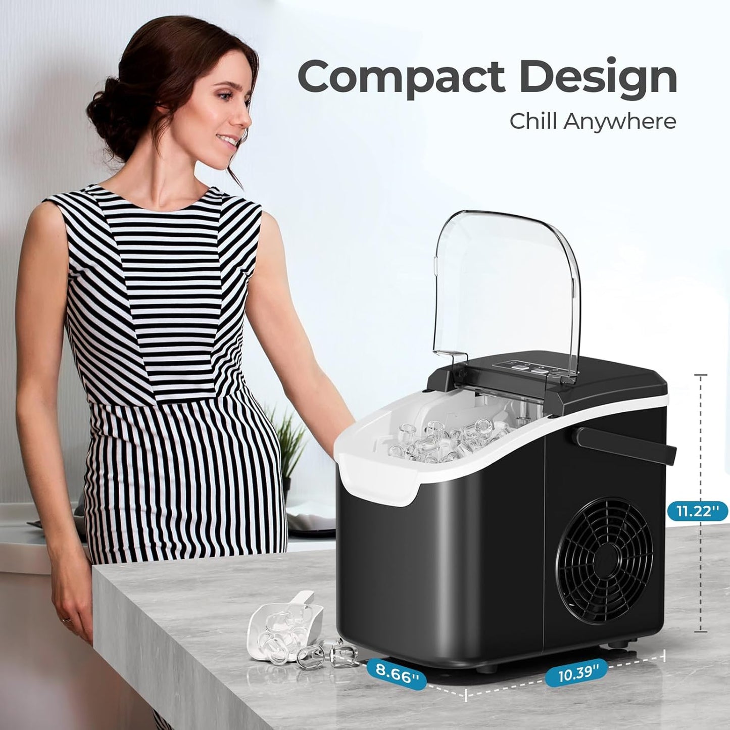 Portable Countertop Ice Maker – 26lb/Day, 2 Ice Sizes, Scoop & Basket Included
