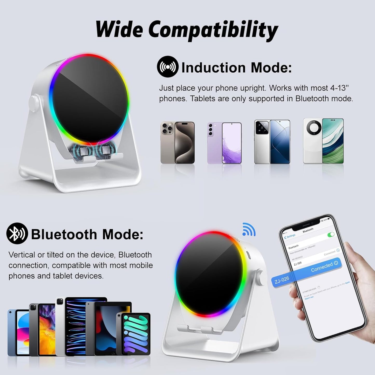 4-in-1 Wireless Induction Bluetooth Speaker with RGB Light & 360° Phone Stand