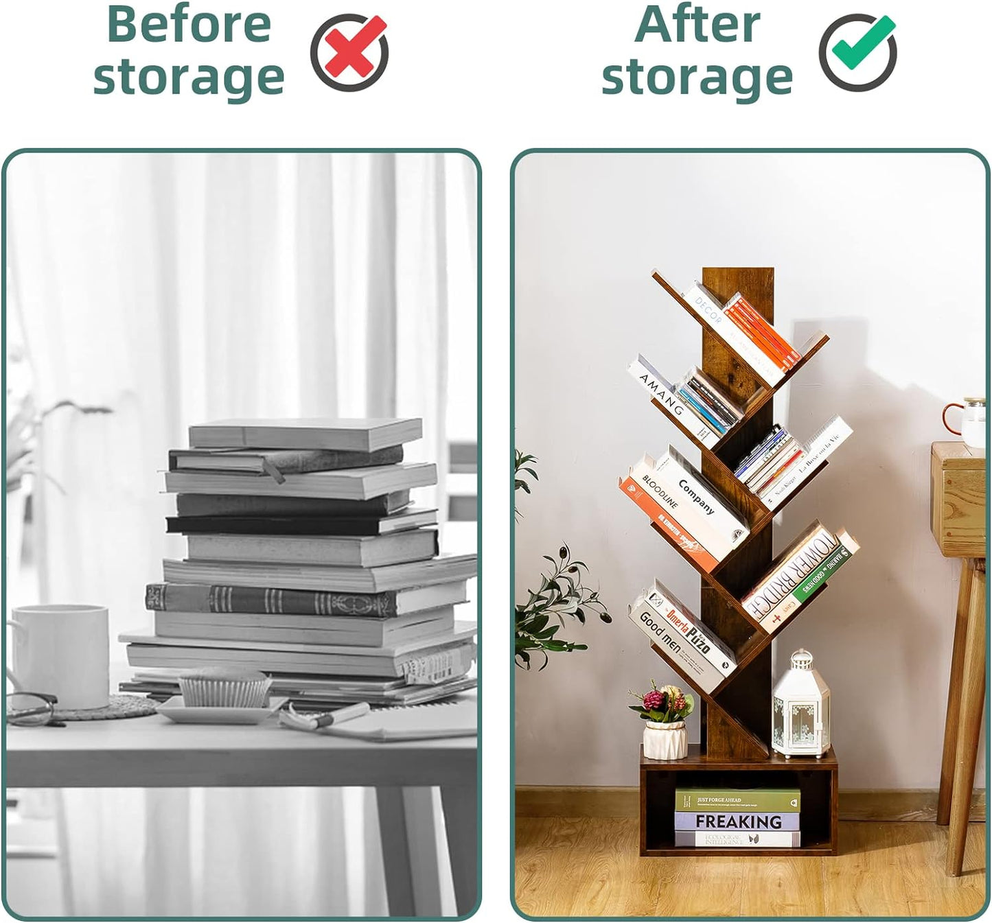 6-Shelf Tree Bookshelf – Tall Rustic Brown Wood Bookcase for Living Room, Bedroom & Office