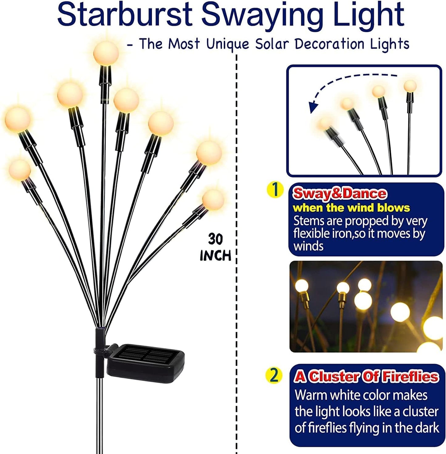 Solar Swaying Garden Lights (2 Pack) – Wind-Activated Outdoor Solar Pathway Lights with Flexible Iron Wire & Heavy Base, Warm White Glow for Yard, Patio, and Walkway