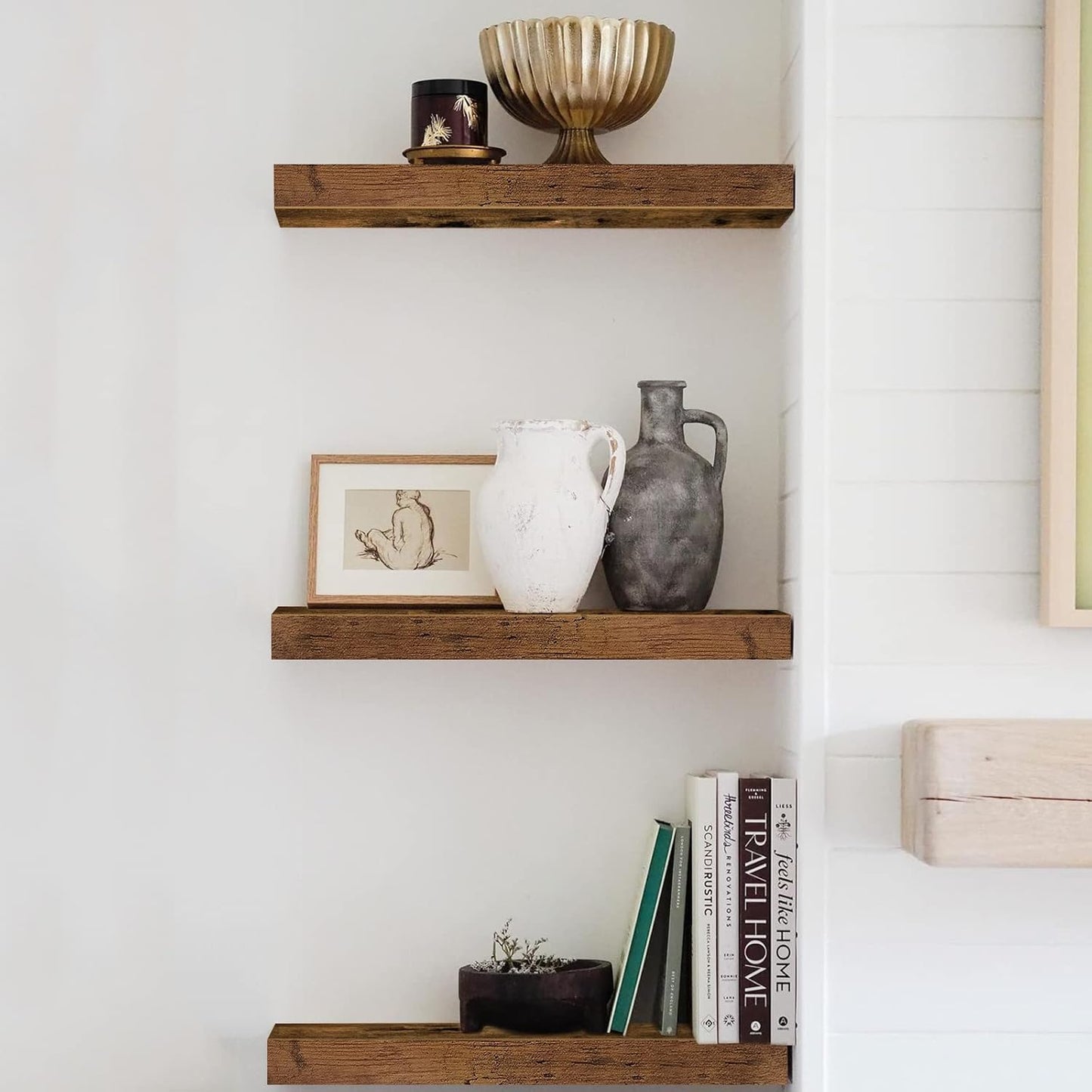 Set of 3 Floating Wall Shelves – 16" Rustic Brown Wood Hanging Shelves for Bathroom, Bedroom, Kitchen & Living Room – Farmhouse Wall Decor (015-BN3)