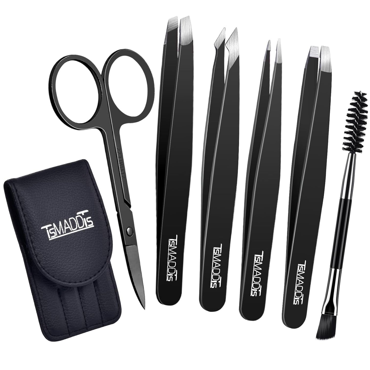 6-Piece Precision Tweezer & Curved Scissor Set for Eyebrow & Facial Hair – with Leather Travel Case
