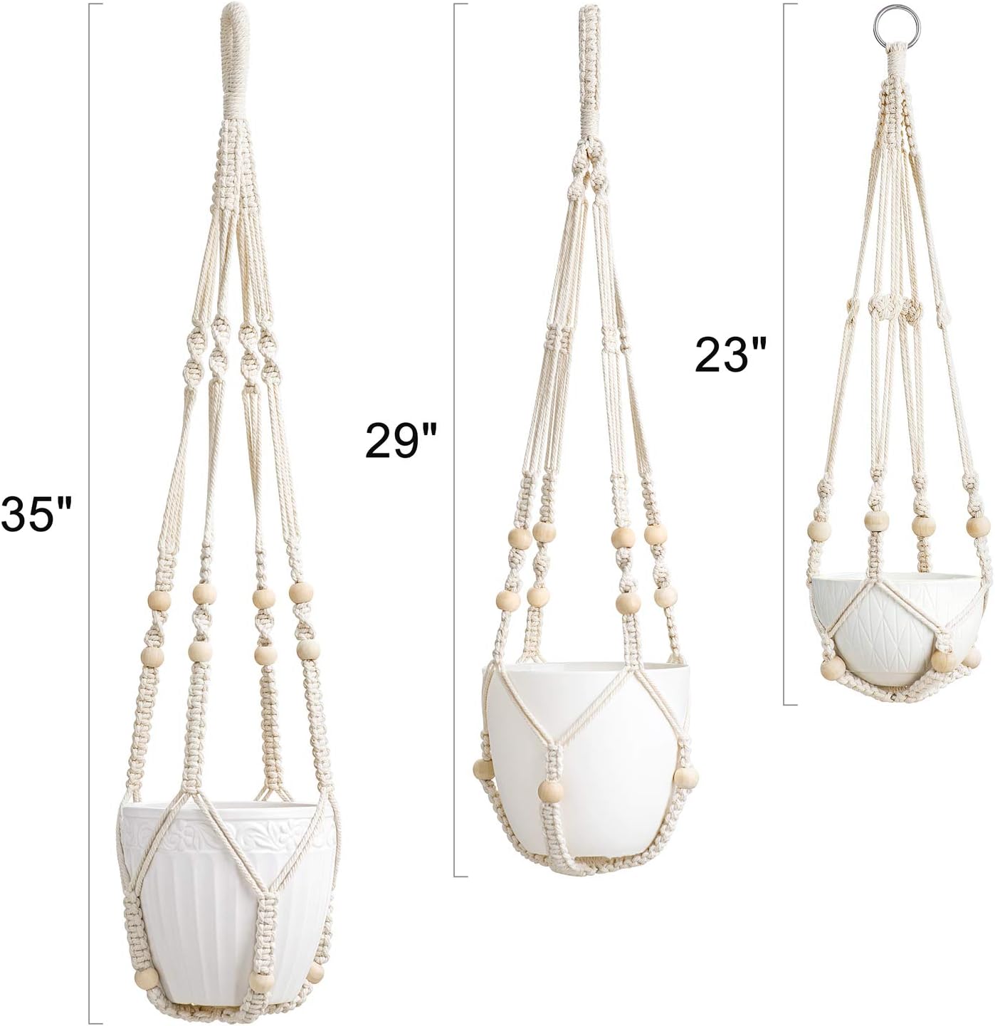 3-Pack Macrame Plant Hangers – Ivory Indoor Hanging Planters with Beads, 3 Sizes (35", 29", 23") – No Tassels