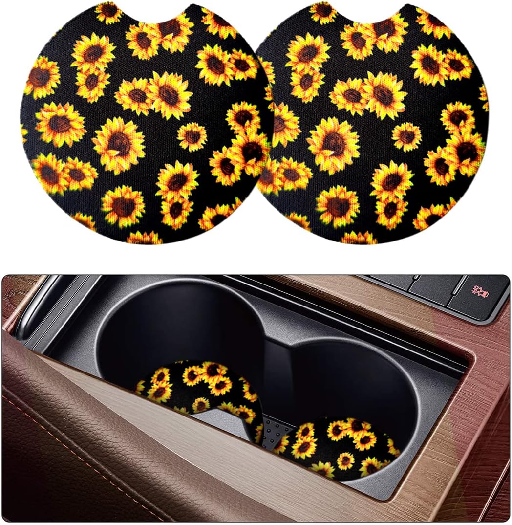 2 Pack Car Coasters for Drinks Absorbent - 2.75 Inch Cute Car Cup Holder Coasters for Women, Removable Cup Holder Coaster for Your Car, Car Interior Accessories for Women & Girls (Sunflower)