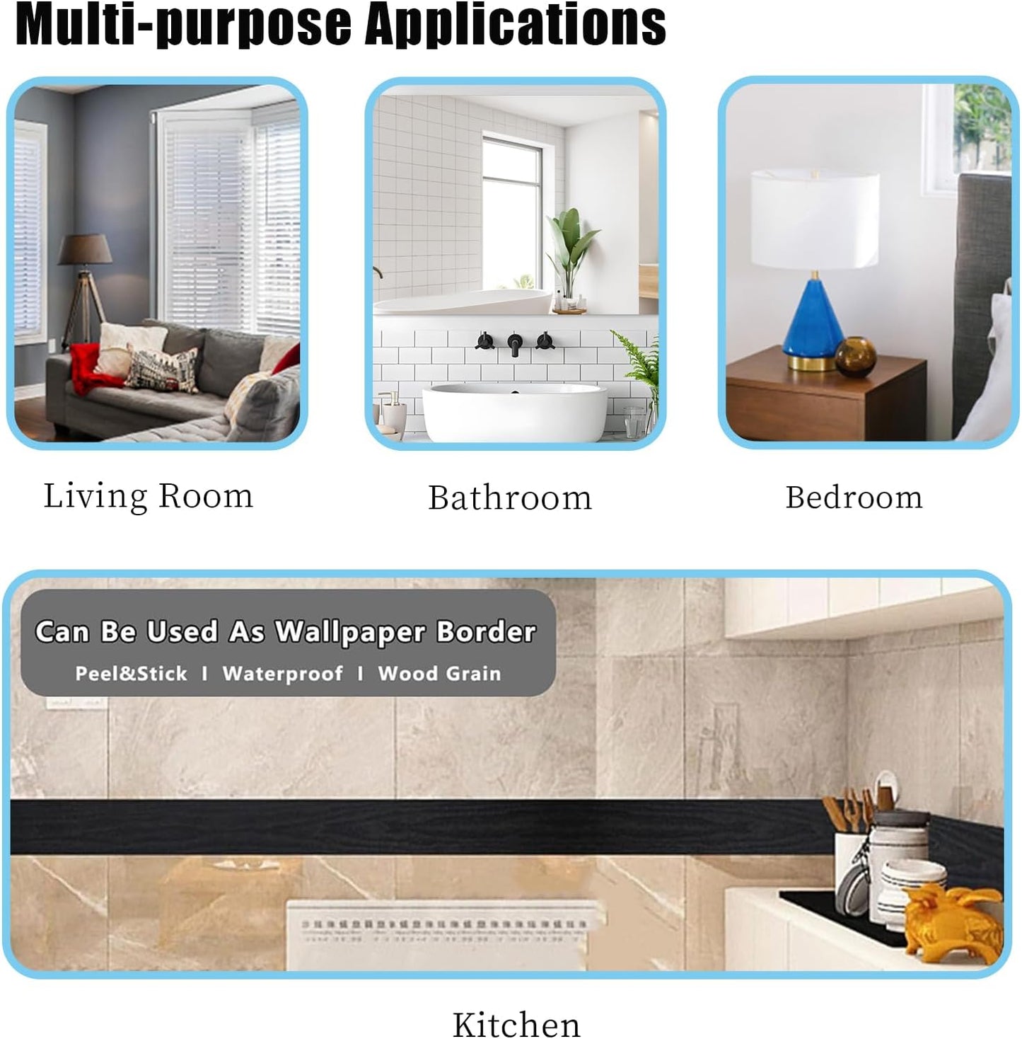 10M Black Wood Grain Waterproof Peel & Stick Border – 4" x 390" Removable PVC Wallpaper for Kitchen & Bathroom Walls
