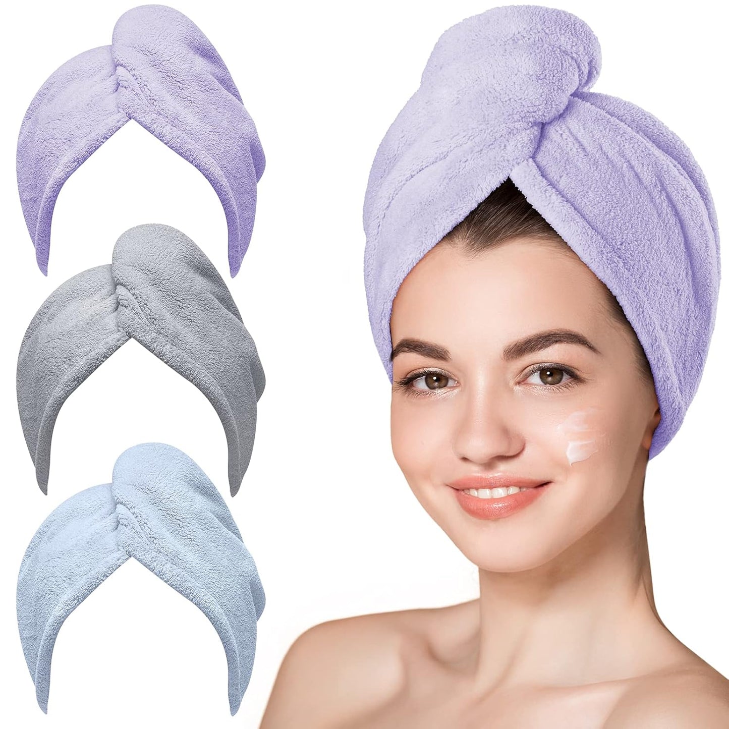 Microfiber Hair Towel Wrap – 3-Pack Quick-Dry Anti-Frizz Turbans for Women (Blue, Grey, Pink)