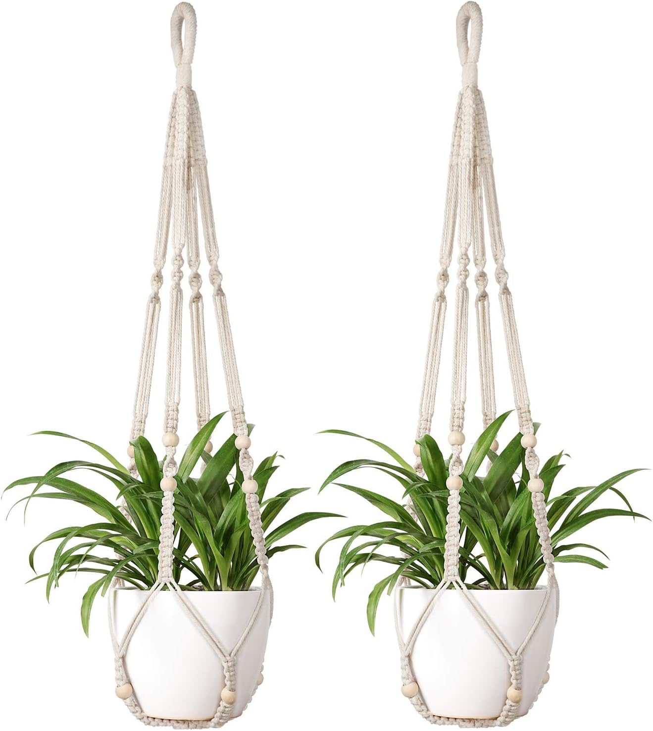 Macrame Plant Hanger Set – 35" Ivory Indoor Hanging Planters with Wood Beads (2 Pack, Pots Not Included)