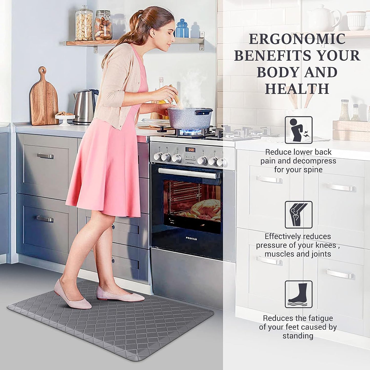 HappyTrends Grey Anti-Fatigue Kitchen Mat – Cushioned Ergonomic Floor Rug 17.3"x28", Waterproof & Non-Slip