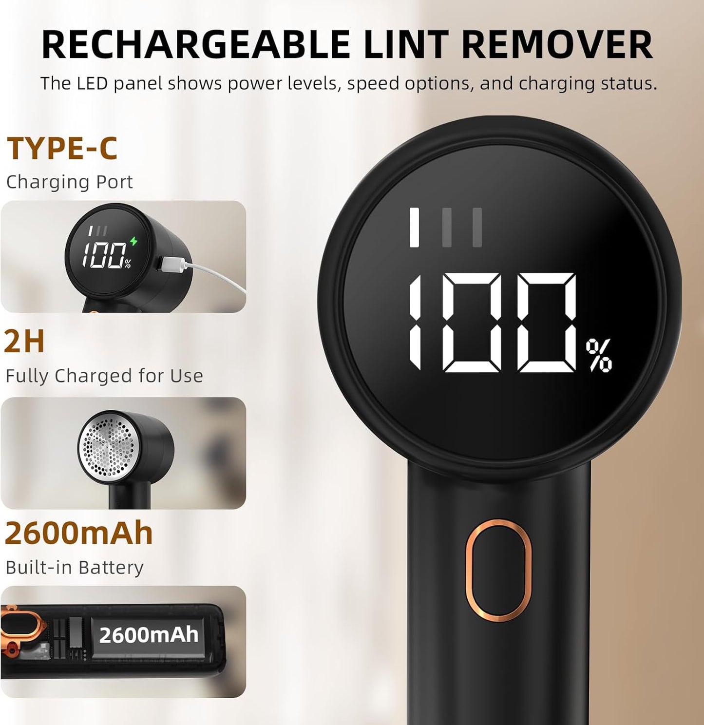 Rechargeable Fabric Shaver – 3-Speed Electric Lint Remover with LED Display & 6-Leaf Blades