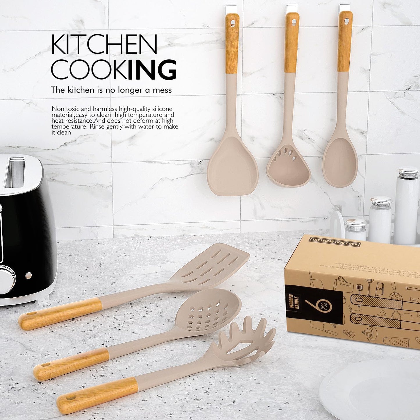 Cream White Silicone Cooking Utensils Set – Heat Resistant Kitchen Tools with Wooden Handles