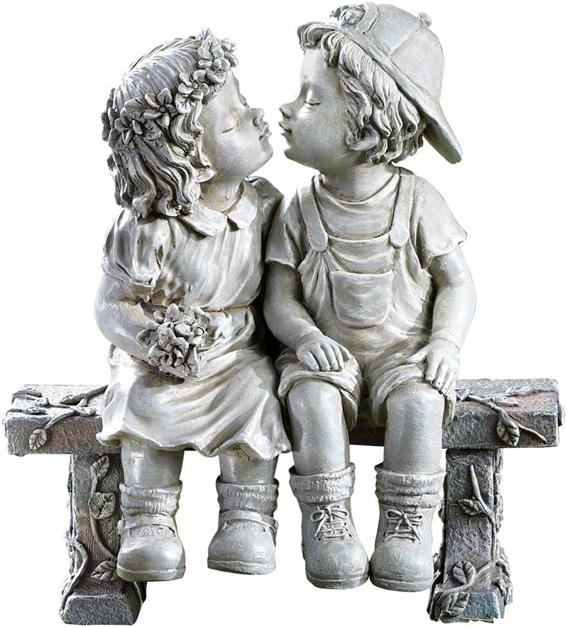 First Kiss Garden Statue – Romantic Puppy Love Kissing Couple Sculpture for Outdoor or Indoor Décor