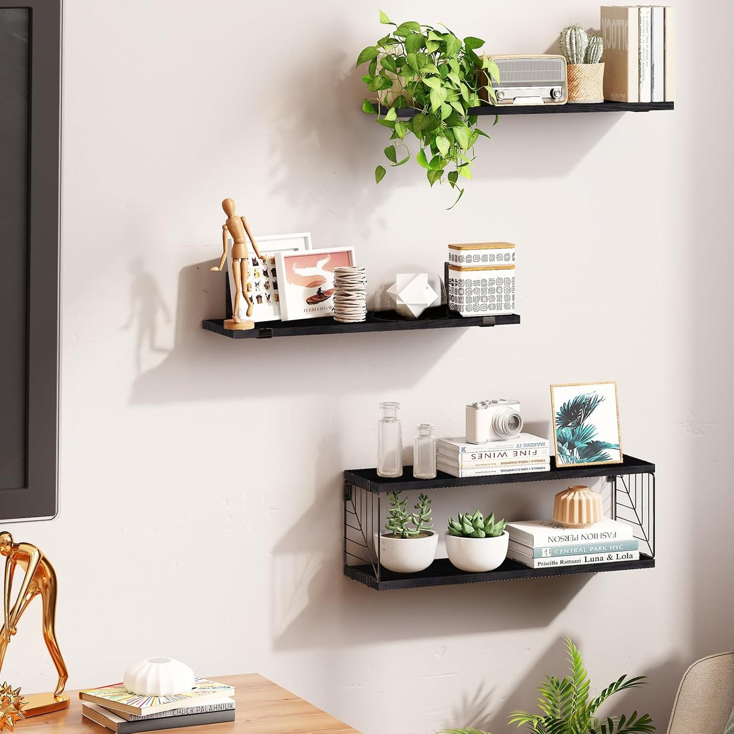 3+1 Tier Bathroom Floating Shelves over Toilet, 15.8In Farmhouse Rustic Wood Shelves, Wall Decor for Bathroom, Living Room,Bedroom and Kitchen (Black)
