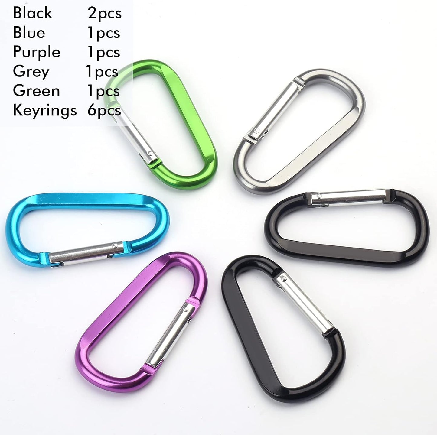 6PCS Black Carabiner Clip Set – 3" Aluminum D-Ring Clips with Keyrings for Keys, Bags, Outdoor Gear