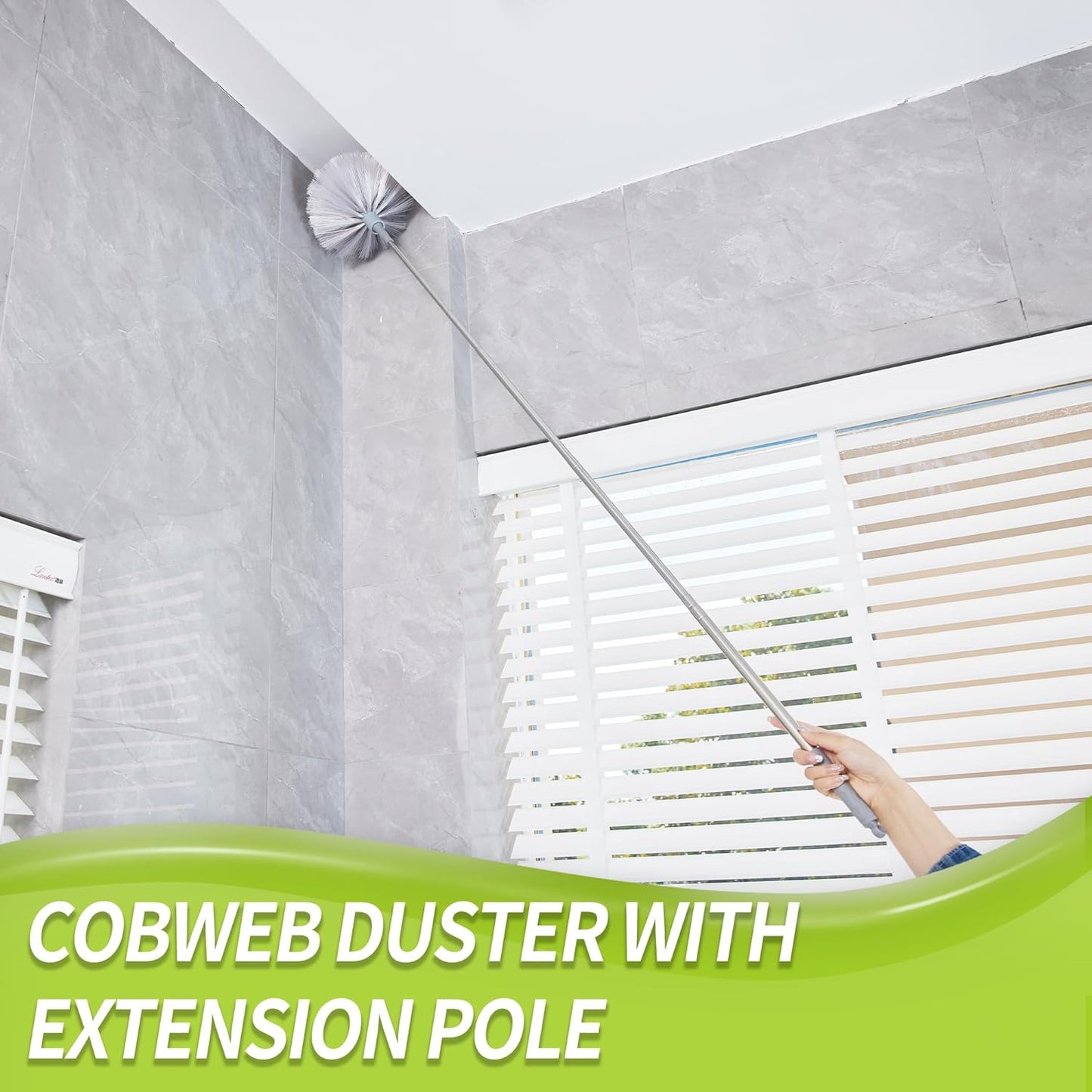 Cobweb Duster with 100" Extension Pole – Ceiling & Spider Web Brush with Washable Microfiber Head