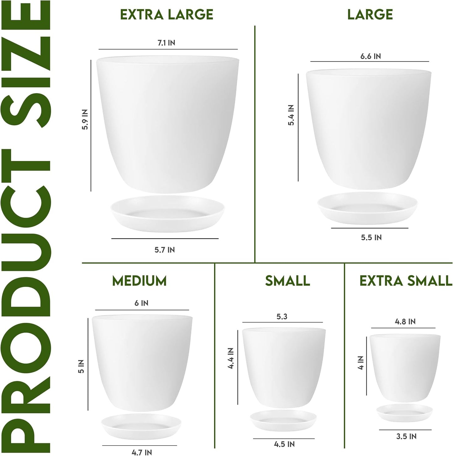 5-Pack White Indoor Plant Pots with Drainage – Modern Plastic Planters (7 to 4.8 Inches) for Home, Office & Gift Decor