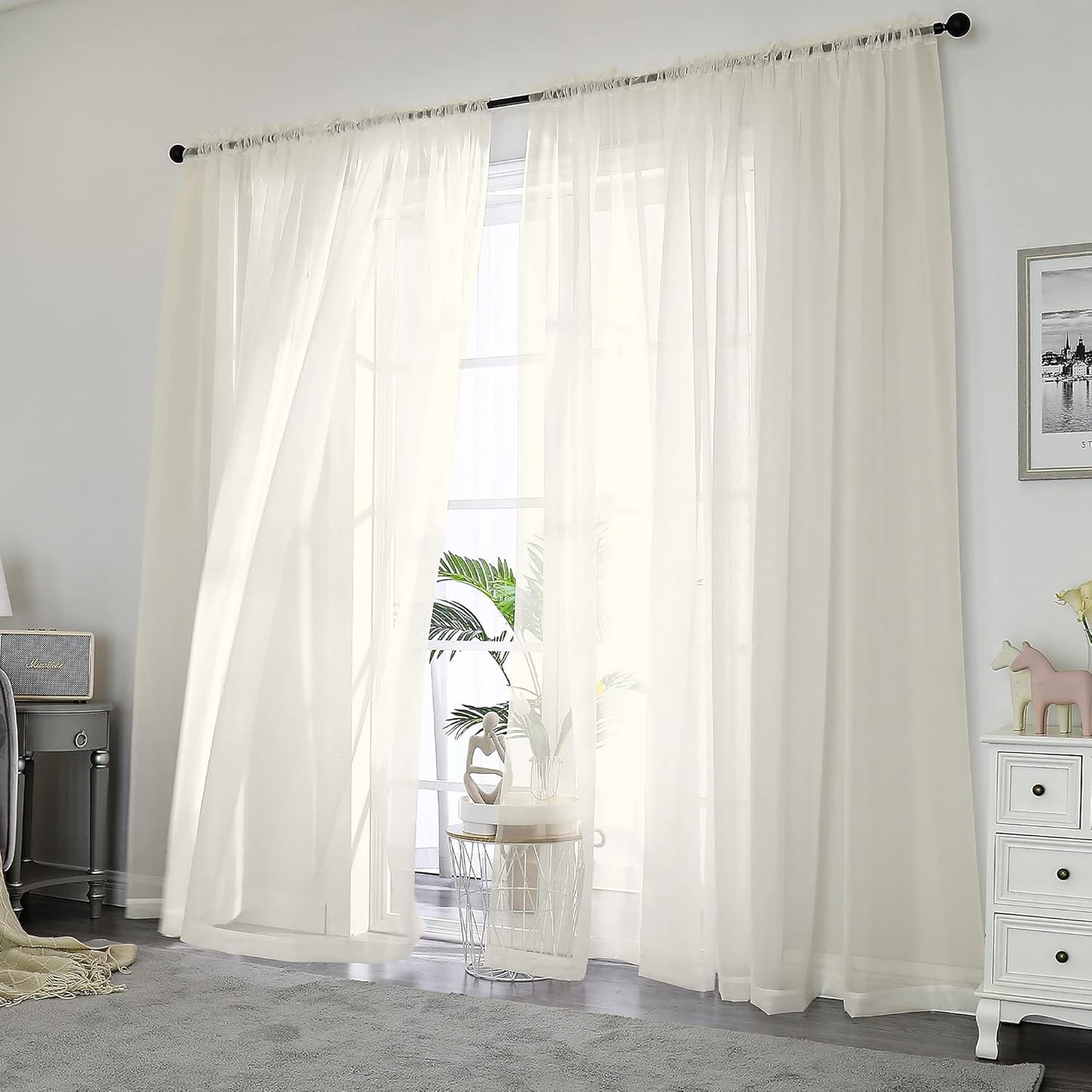 Ivory Sheer Curtains – 84" Length, 2-Panel Set with Rod Pocket for Bedroom & Living Room