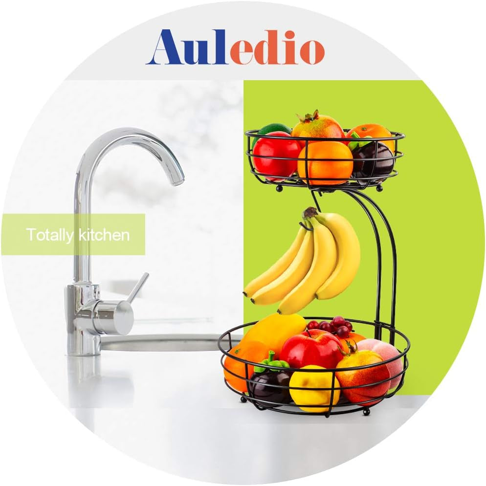 2-Tier Black Iron Fruit Basket Bowl with Banana Hanger – Countertop Storage for Fruits & Vegetables, 64 oz