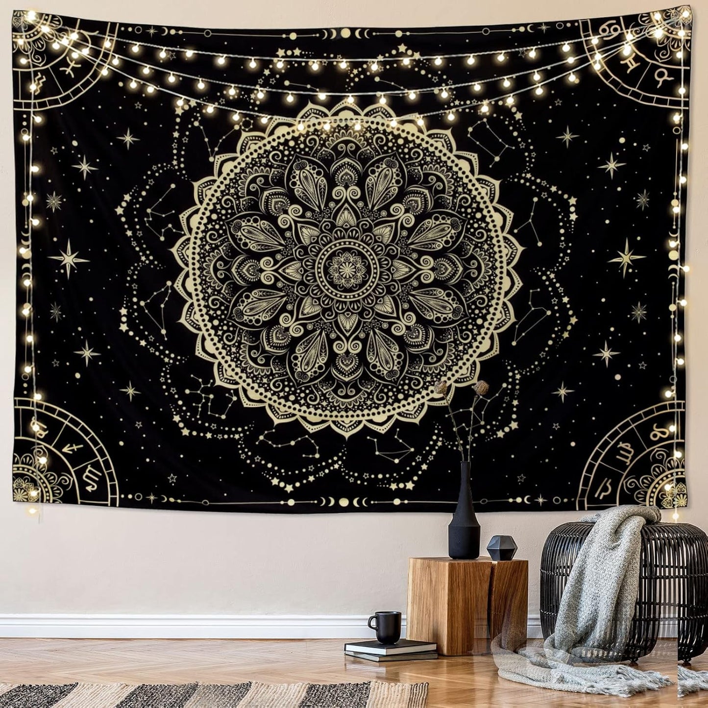 Black Golden Mandala Tapestry Astrology Space Wall Hanging Tapestries Wall Tapestrys Large Aesthetic Hippie Wall Decor Bohemian Wall Art Boho Home Talestry for Bedroom,Living Room,Ceiling