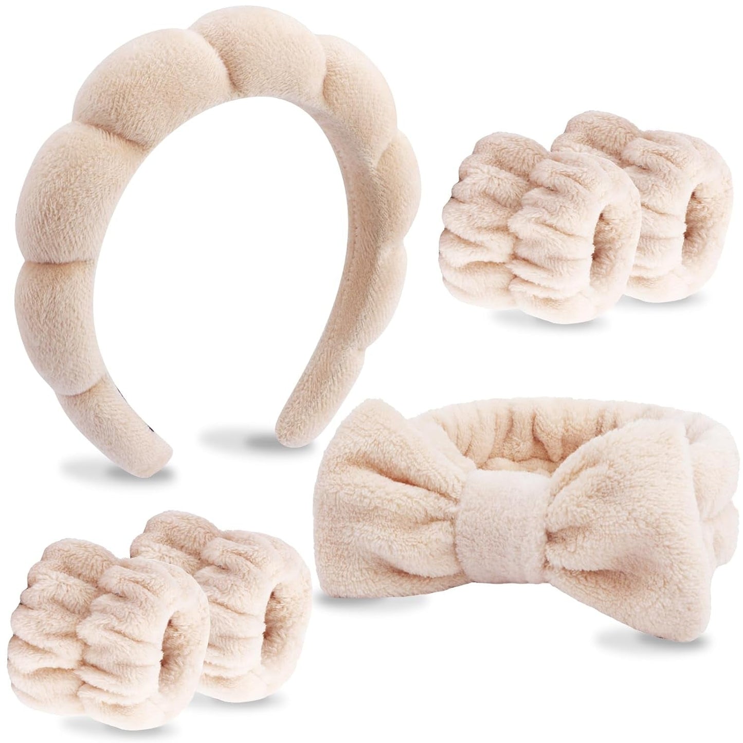 6PCS Spa Headband & Wristband Set – Soft Bow Hair Accessories for Skincare & Makeup