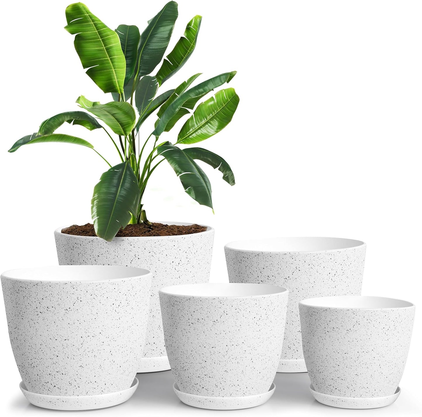 5-Pack White Indoor Plant Pots with Drainage – Modern Plastic Planters (7 to 4.8 Inches) for Home, Office & Gift Decor