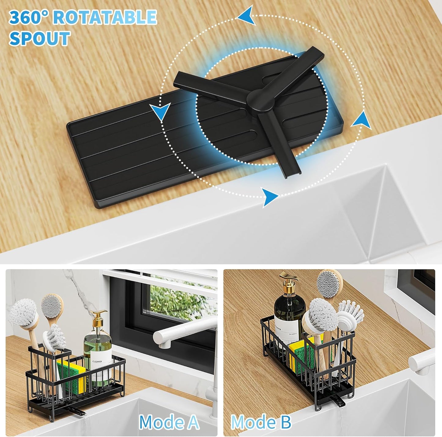Black Sink Caddy Organizer – Rustproof Sponge Holder with Brush Slot & Soap Dispenser Space, 304 Stainless Steel