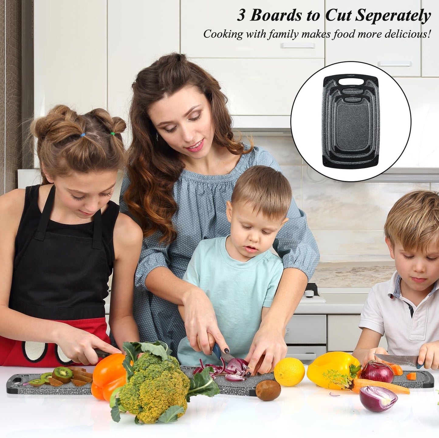 3-Piece Cutting Board Set – Non-Slip, Dishwasher Safe with Juice Groove & Grip Handle (Large, Medium, Small)